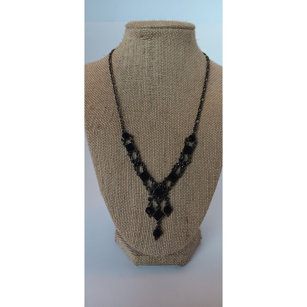 Victorian Revival Black Rhinestone & Gunmetal Y Drop Necklace 17-20 in